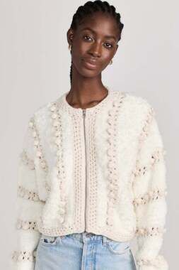 House of Harlow Sm Beige White Cropped Pom Pom Full Zipper Cardigan Sweater Boho